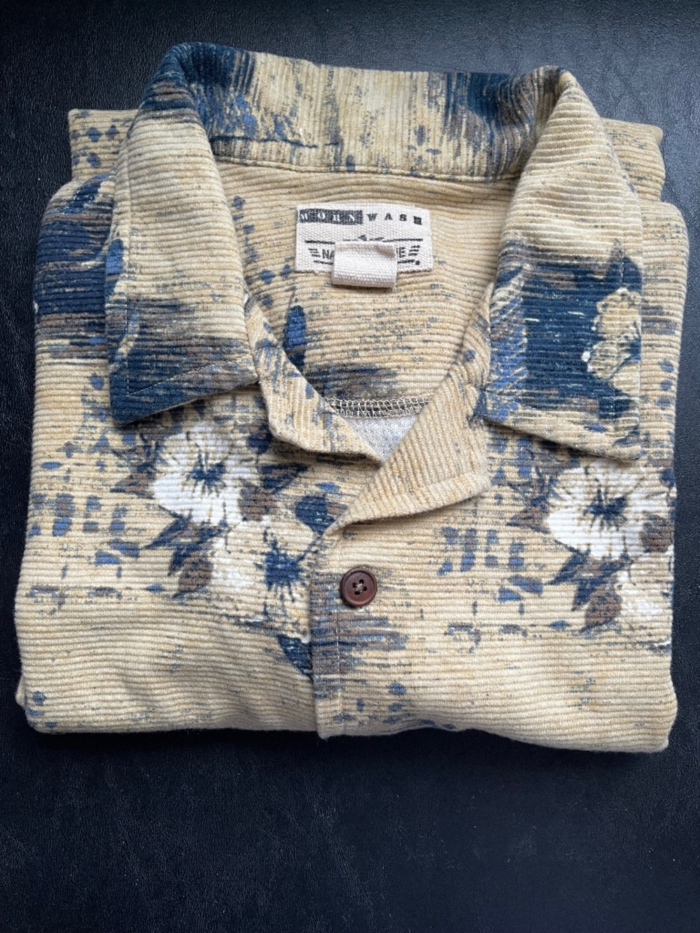 Natural Issue Mens Large Corduroy Shirt Floral Print Tan Blue Vintage 90s Cotton